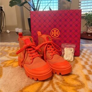 Tory Burch Vibrant Coral Orange High-Top Lug Sole Combat Boots Camp Sneaker